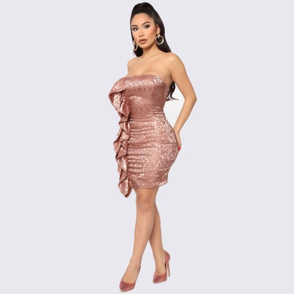 Rose Gold Brocade Ruffle Mini Dress - Picture 3 of 3
